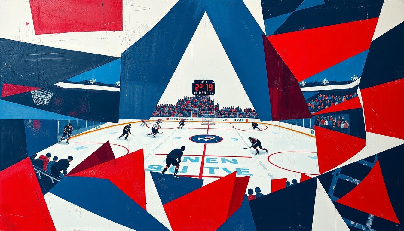 A cubist, geometric painting depicting a hockey game in progress, with the players and ice rink fragmented into sharp, overlapping planes of navy blue, red, and white.