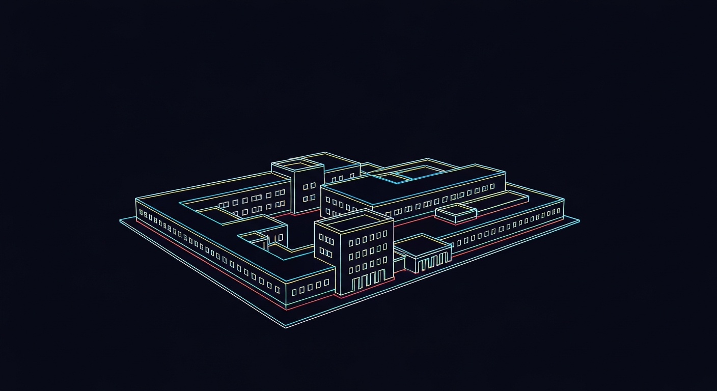 A minimalist, glowing neon outline of a healthcare facility blueprint or architectural model against a dark background, conceptually representing the forward-thinking discussions and ideas shared at the PDC Summit.