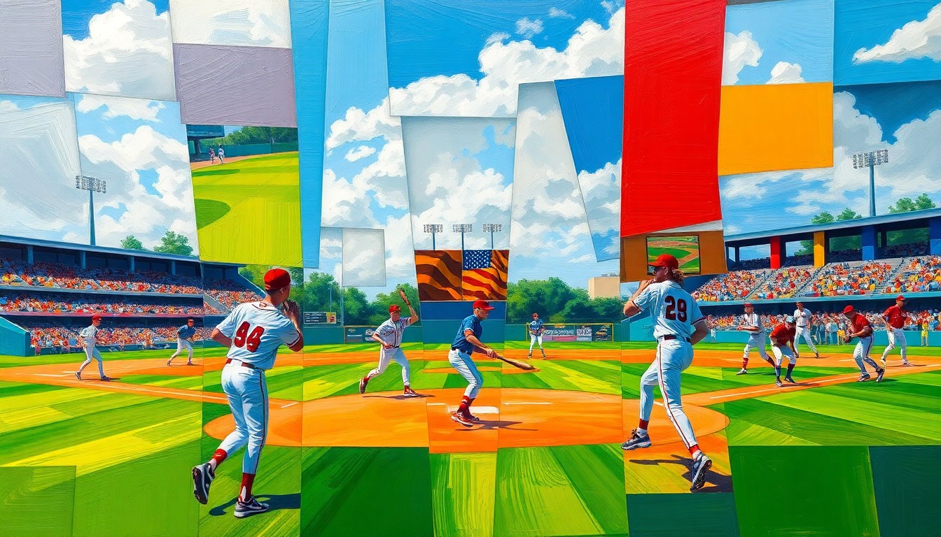 A fragmented, geometric painting depicting a high school baseball game, with sharp planes of color representing the players, field, and surrounding environment, conveying the dynamic energy and intensity of the sport.