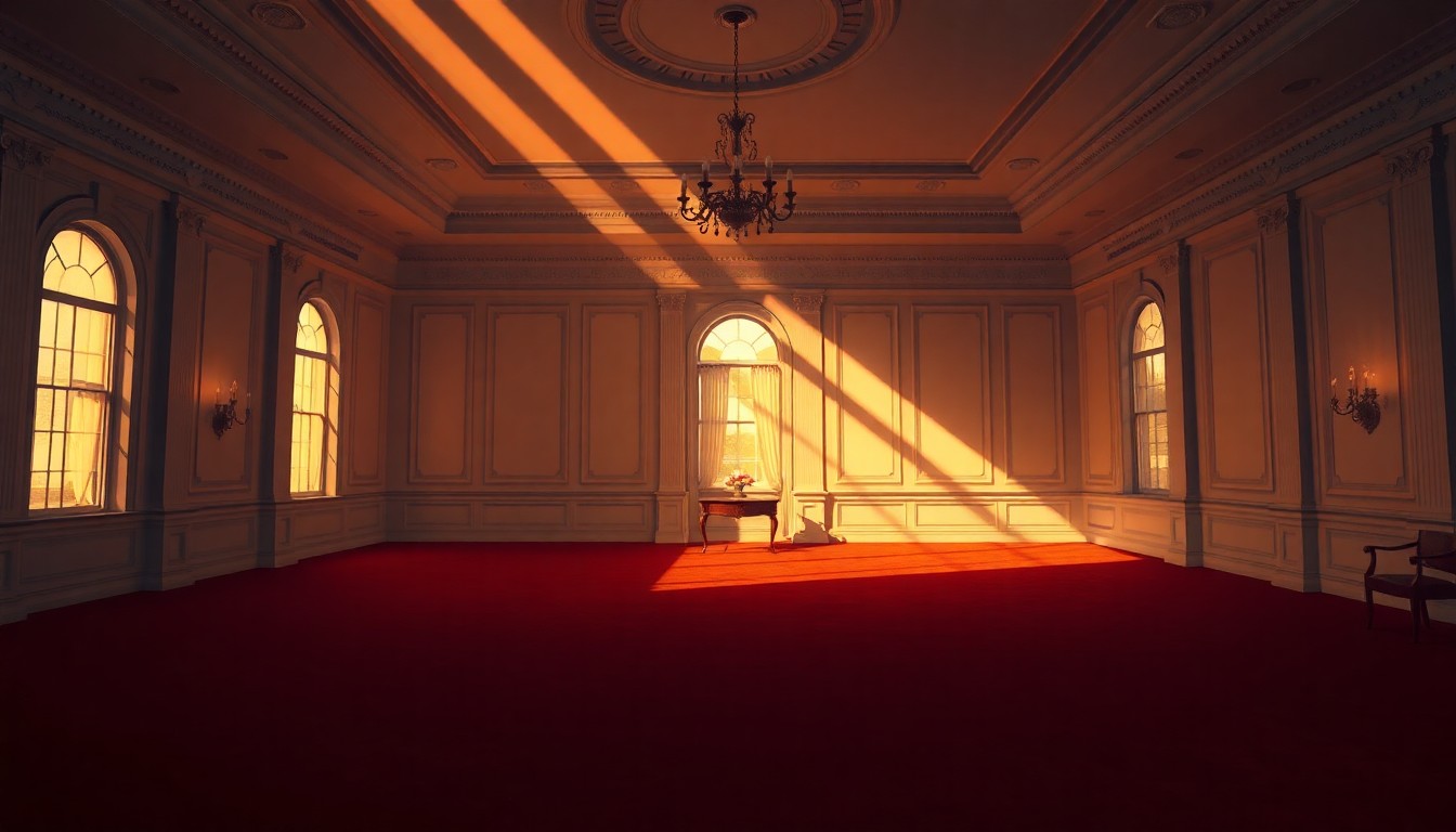 A dimly lit, cinematic painting of an empty, ornate ballroom in the White House, with warm light streaming in through tall windows and deep shadows casting an air of unease and uncertainty.