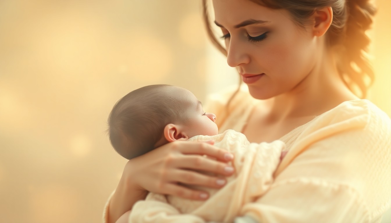 A softly focused, impressionistic photograph showing the tender embrace of a young mother and her newborn baby, conveying the warmth and vulnerability of their situation.