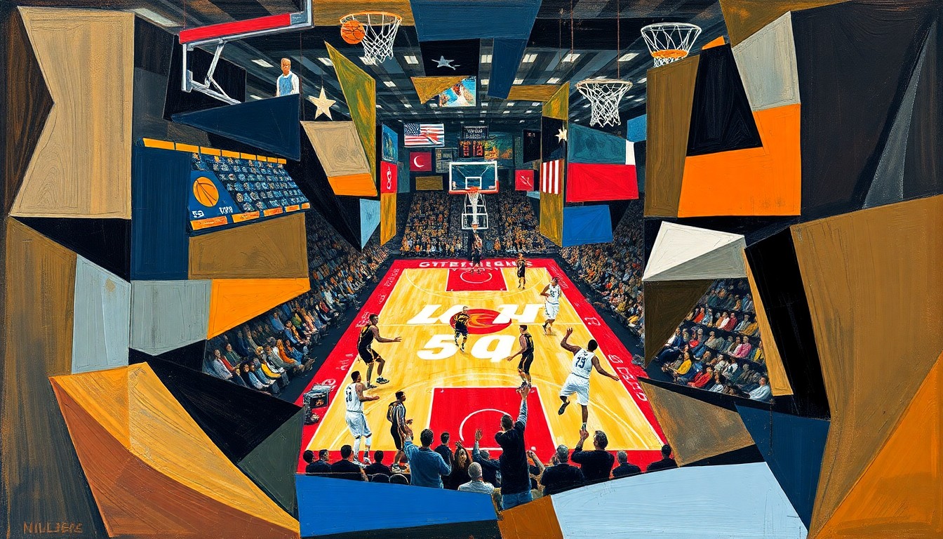 A cubist, geometric painting depicting a fragmented basketball court and players, conveying the uncertainty and disruption caused by the Lakers' key injuries.