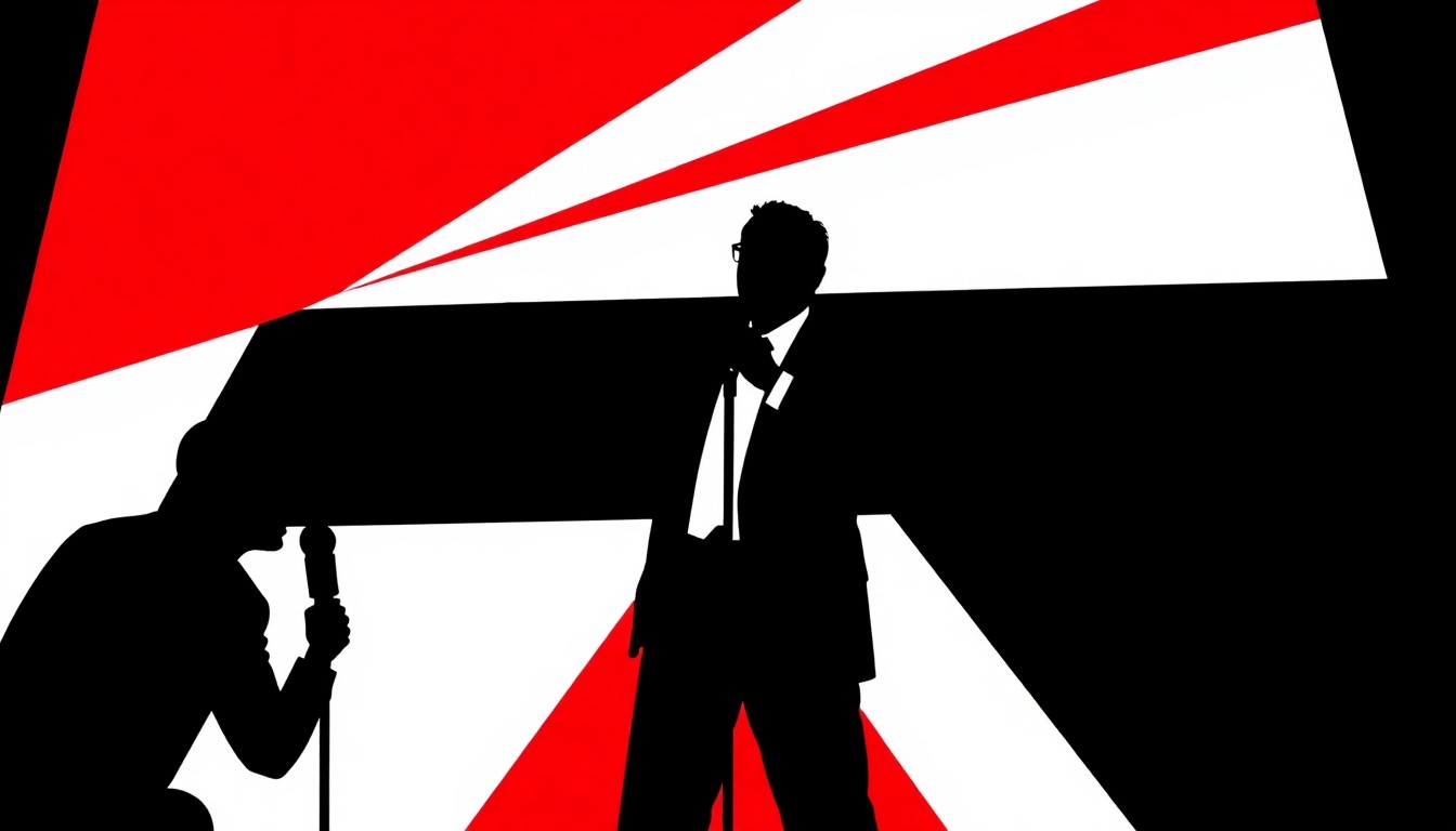 An abstract, minimalist illustration featuring bold, jagged shapes and high-contrast colors, conceptually representing the energy and excitement of a stand-up comedy performance.