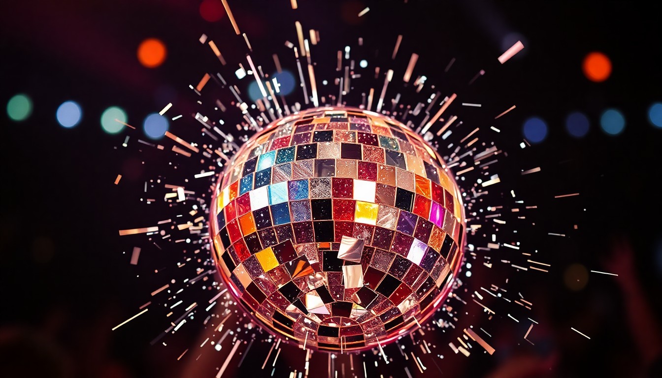 An extreme close-up photograph of a shattered disco ball reflecting glittering shards of light, conveying the celebratory, high-energy atmosphere of a music festival.