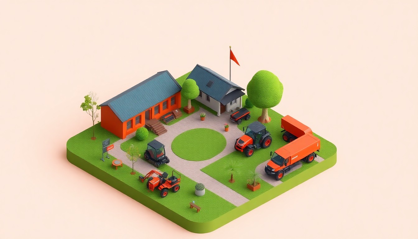 A colorful, isometric 3D illustration depicting a miniature community center or public park, with Kubota equipment and vehicles prominently featured, conceptually representing the company's commitment to supporting local organizations and improving neighborhoods.