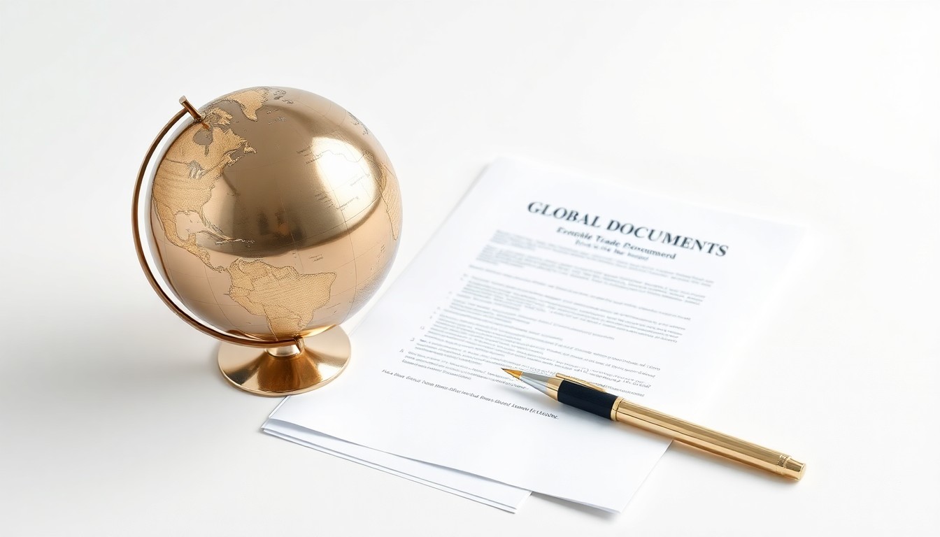 A photorealistic studio still life featuring a polished metal globe, a stack of export documents, and a pen on a clean white background, symbolizing the global trade potential for small businesses.