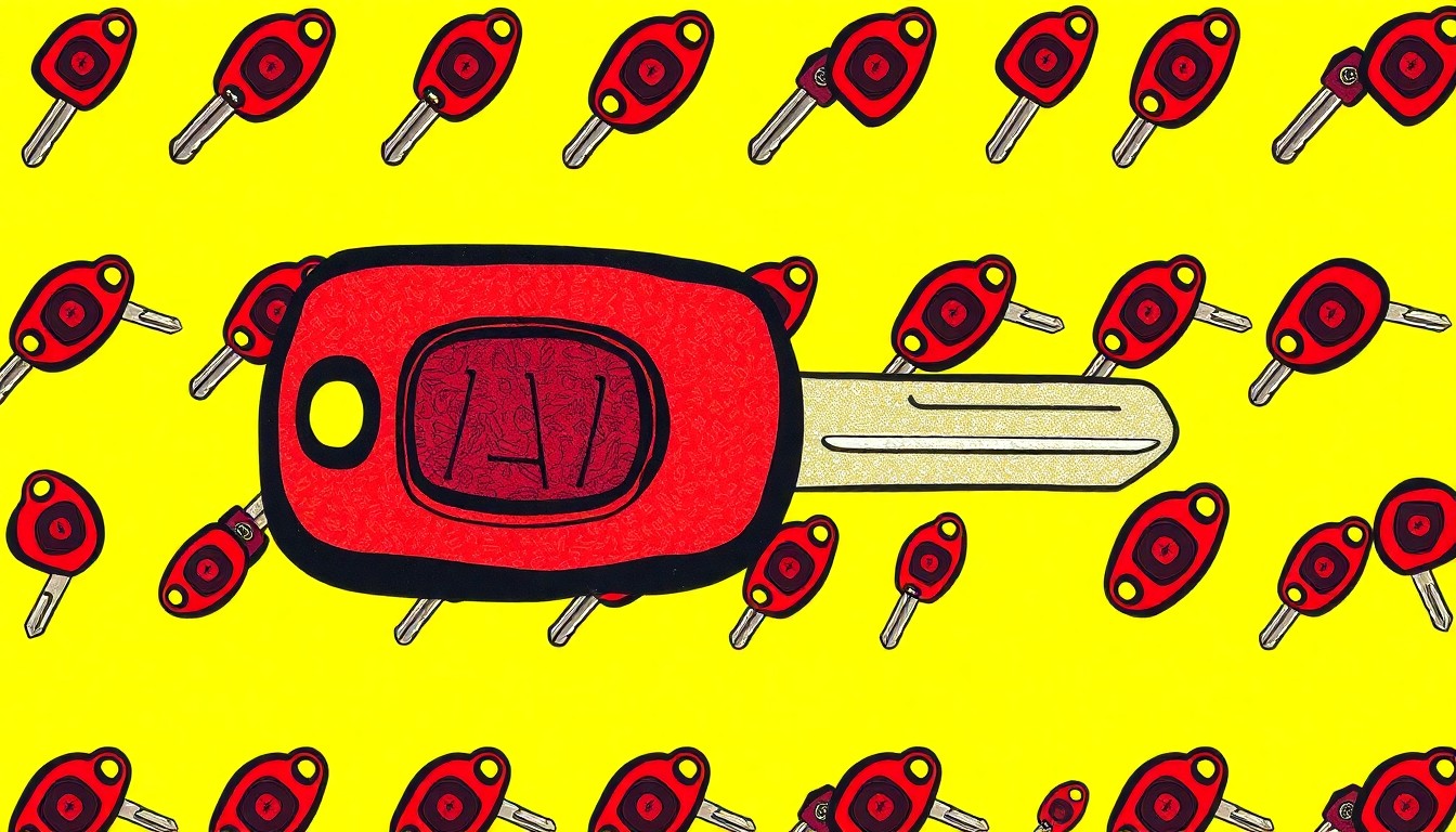 A bold, colorful silkscreen print featuring a repeated image of a car key, conceptually representing the dangers of drunk driving and the importance of prevention efforts.