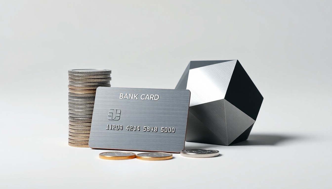 A minimalist, high-contrast studio still life featuring a stack of shiny metal coins, a sleek glass bank card, and a geometric brushed steel paperweight, arranged elegantly on a clean, monochromatic background to symbolize the abstract concepts of corporate finance and banking strategy.