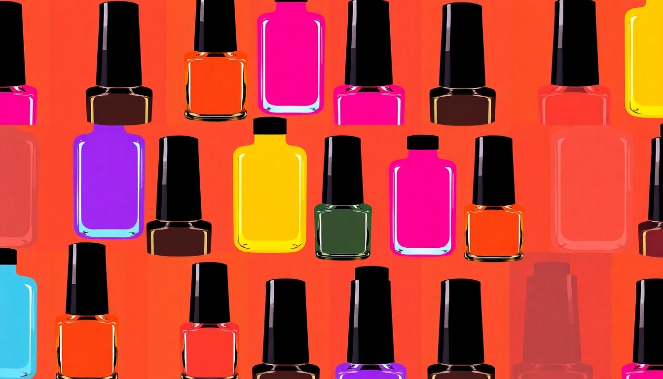 A highly stylized, abstract grid of neon-colored nail polish bottles, conceptually representing the popularity of EARTH Nail Spa's subscription service.