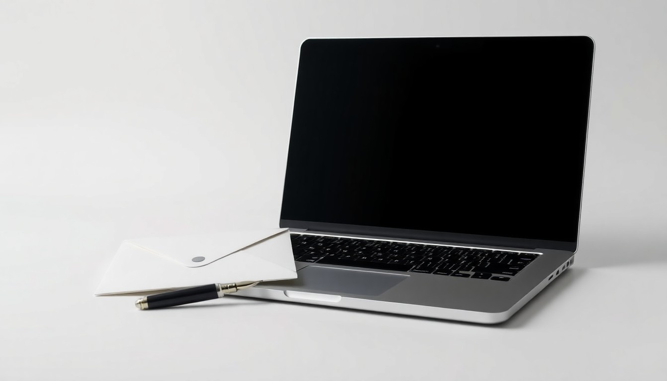 A minimalist, high-end studio still life featuring a laptop, pen, and envelope, symbolizing the intersection of finance, technology, and media.