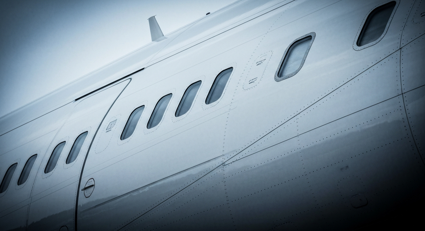 An extreme close-up photograph of the textured, metallic exterior of a commercial passenger jet, captured in high contrast and dramatic lighting to highlight the intricate materials and design.