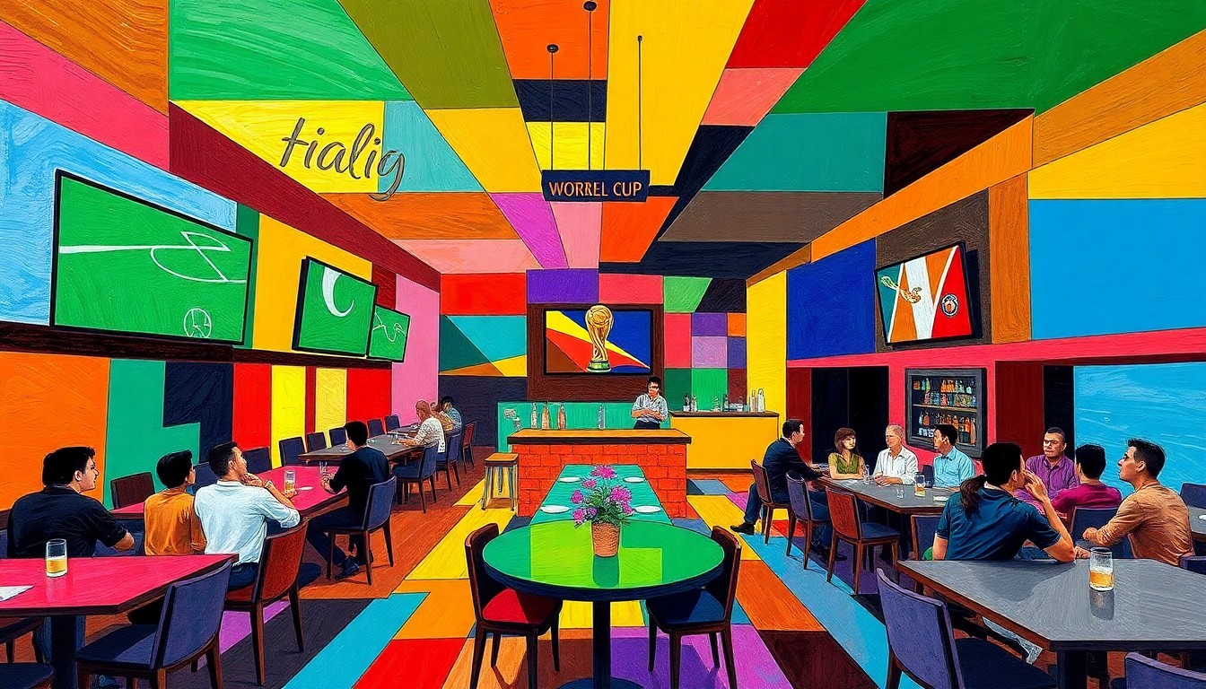A cubist, geometric painting in bright colors representing the interior of a modern sports bar, with overlapping planes and shapes suggesting the energy and excitement of a World Cup viewing party.
