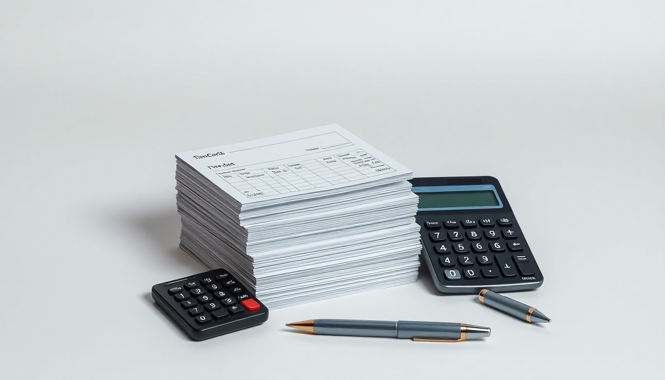 A photorealistic studio still life featuring a stack of timecards, a calculator, and a pen on a clean, monochromatic background, symbolizing the strength and stability of the labor market.