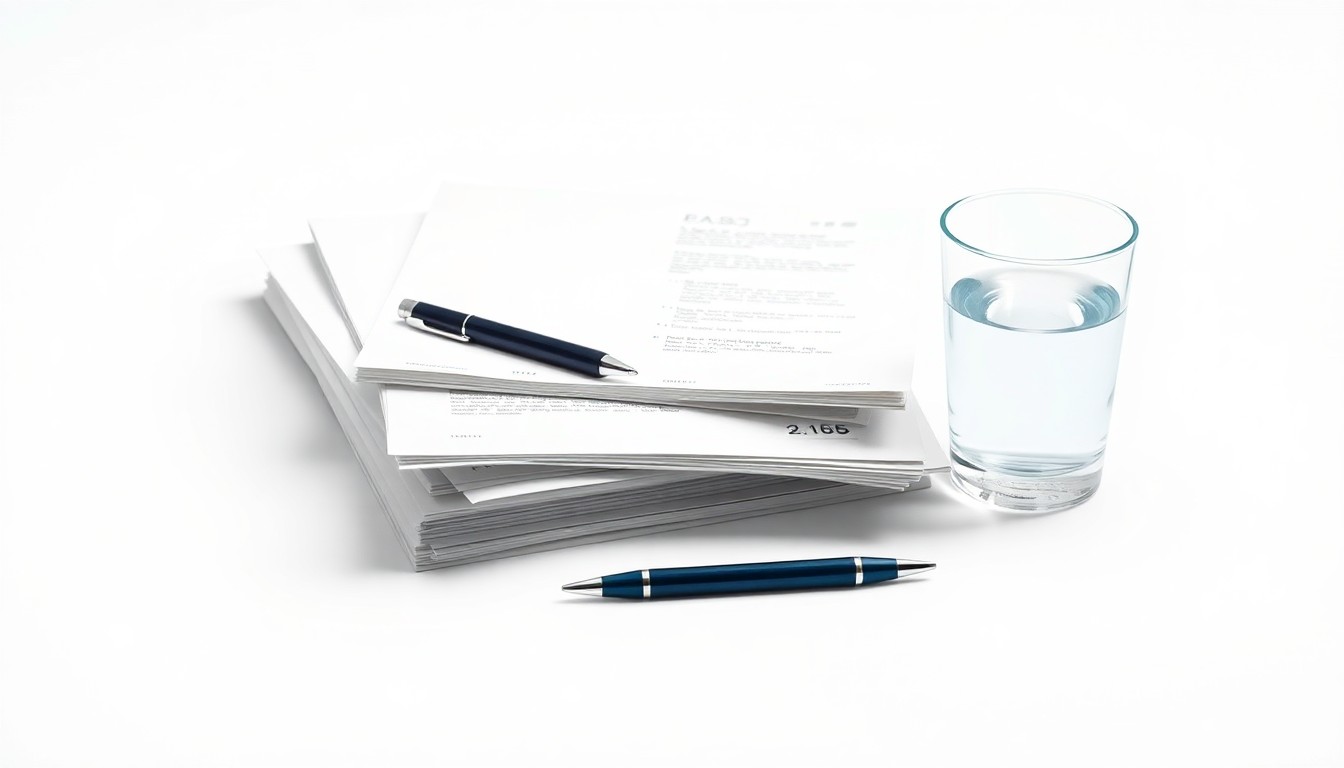 A minimalist, high-quality studio photograph featuring a stack of business documents, a pen, and a glass of water arranged elegantly on a clean white background, conceptually representing the professional, detail-oriented, and employee-focused culture at Sendero Consulting.