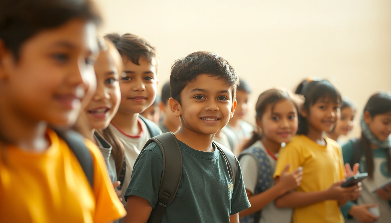 An abstract, impressionistic photograph in soft, warm tones depicting a group of young people engaged in an activity, conveying a sense of community and growth.