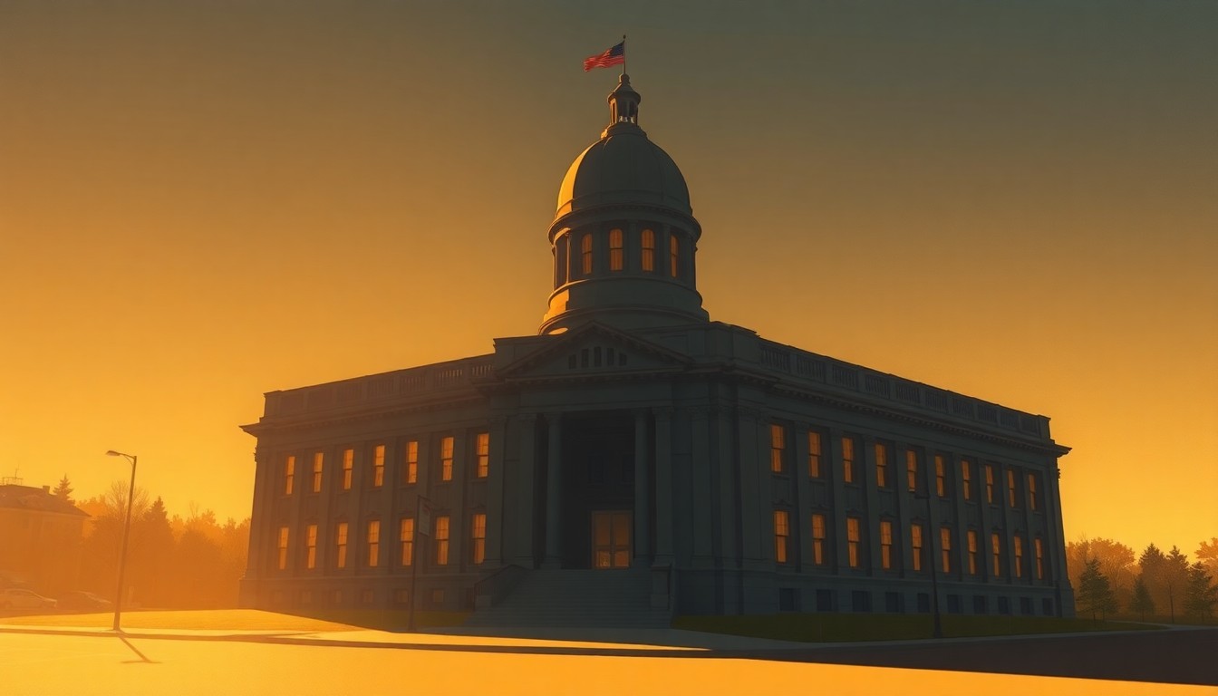 A photorealistic painting of a stately government building in a warm, golden light, conveying a sense of quiet dignity and civic pride.