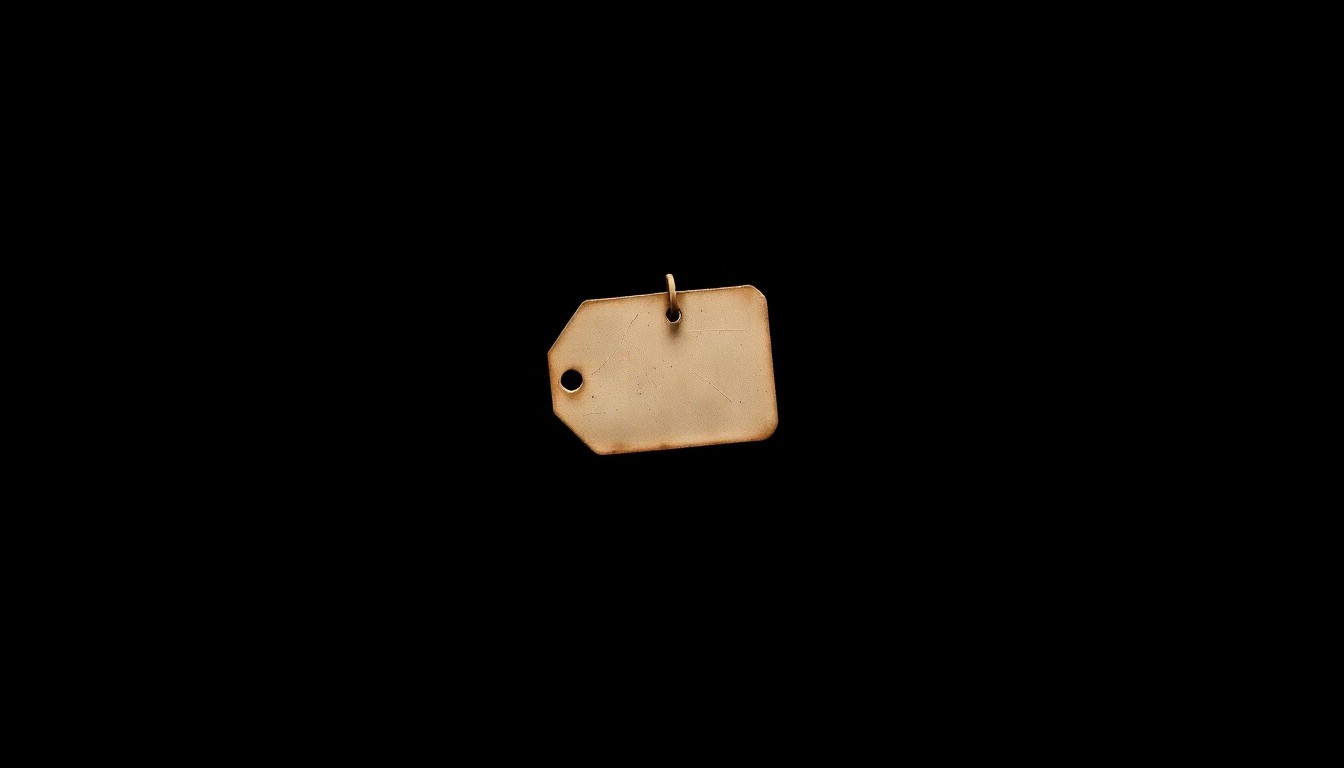 An extreme close-up photograph of a single cattle ear tag against a pitch-black background, conceptually illustrating the serious nature of agricultural crimes in rural communities.