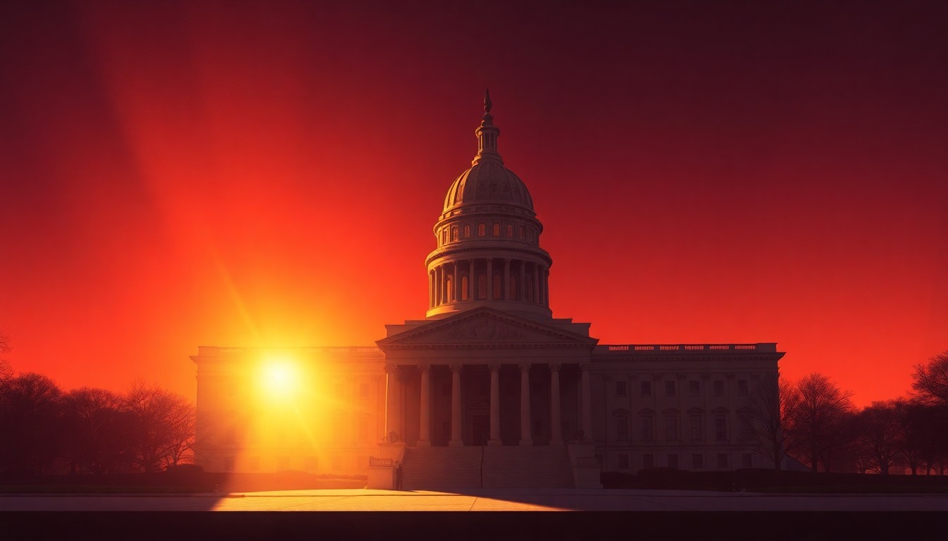 A realistic oil painting depicting the North Dakota state capitol building in a warm, cinematic light, with the building's architecture and surrounding landscape conveying a sense of quiet contemplation around the budget negotiations.