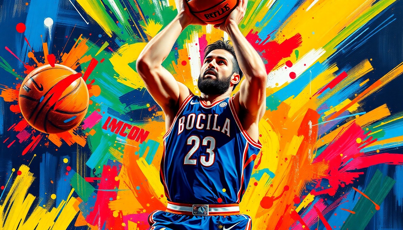 An abstract, expressionist painting in neon colors depicting the dynamic movement and energy of a basketball player driving to the hoop, with their face and jersey dissolving into a blur of brushstrokes.