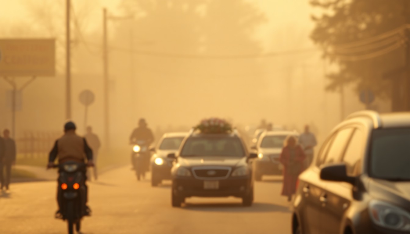 An abstract, impressionistic photograph in soft, warm tones depicting the blurred outlines of a small-town funeral procession, conveying a sense of somber reflection and community connection.