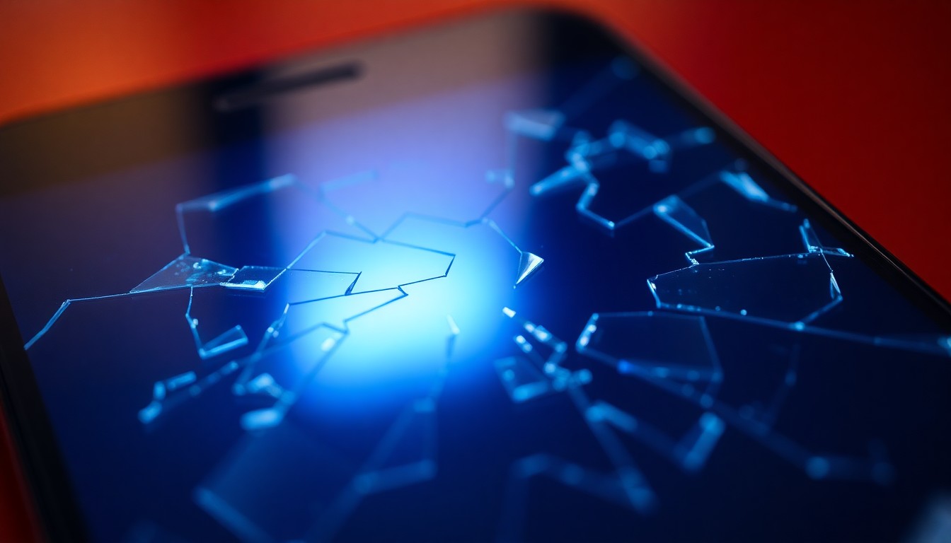 An extreme close-up photograph of a shattered smartphone screen reflecting a faint blue light, conveying the serious and investigative nature of online threats against public officials.