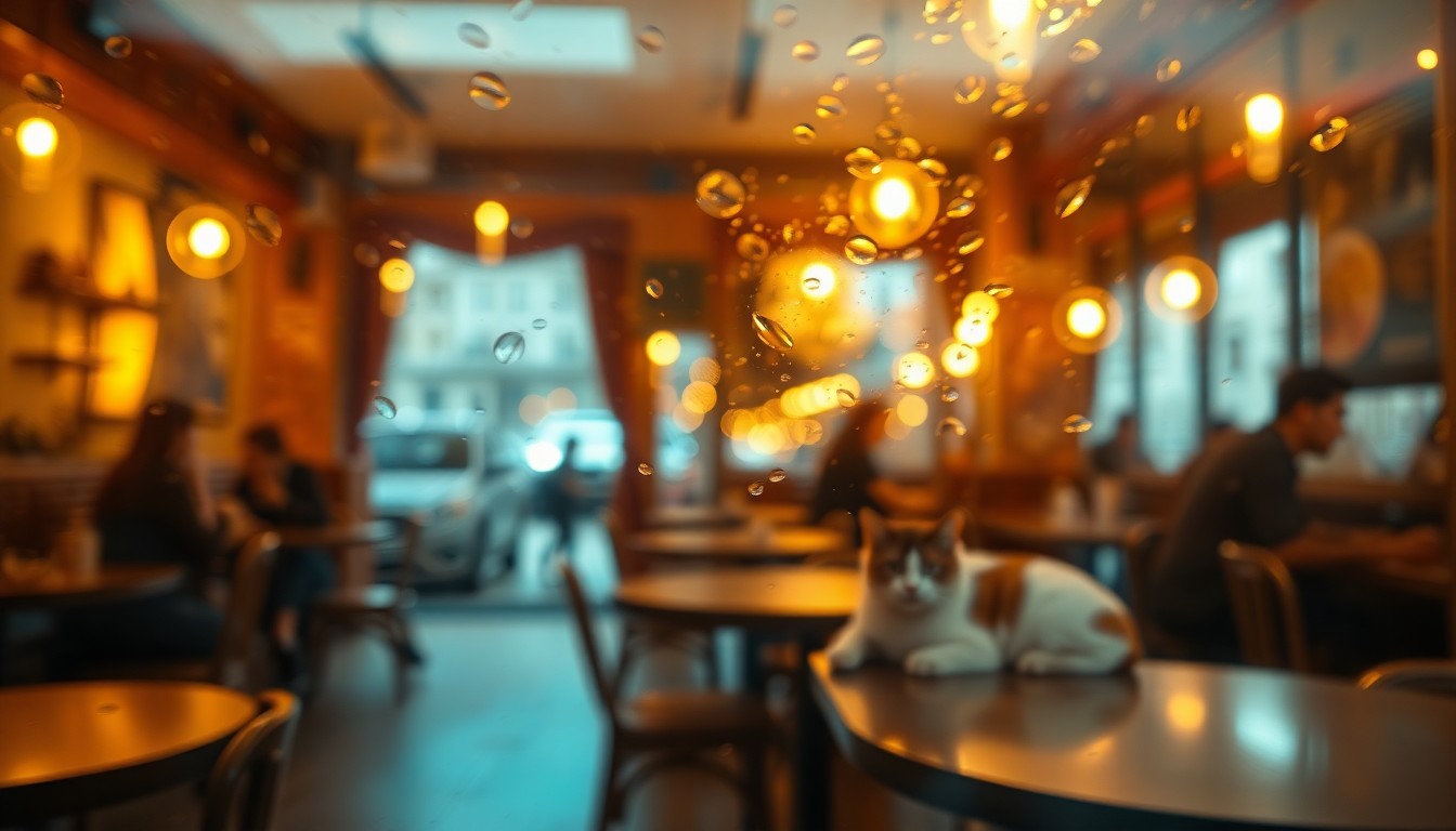 An abstract, impressionistic photograph of a cozy cafe interior, with soft, blurred shapes of people and pets visible through a rain-streaked window, creating a warm, inviting mood.