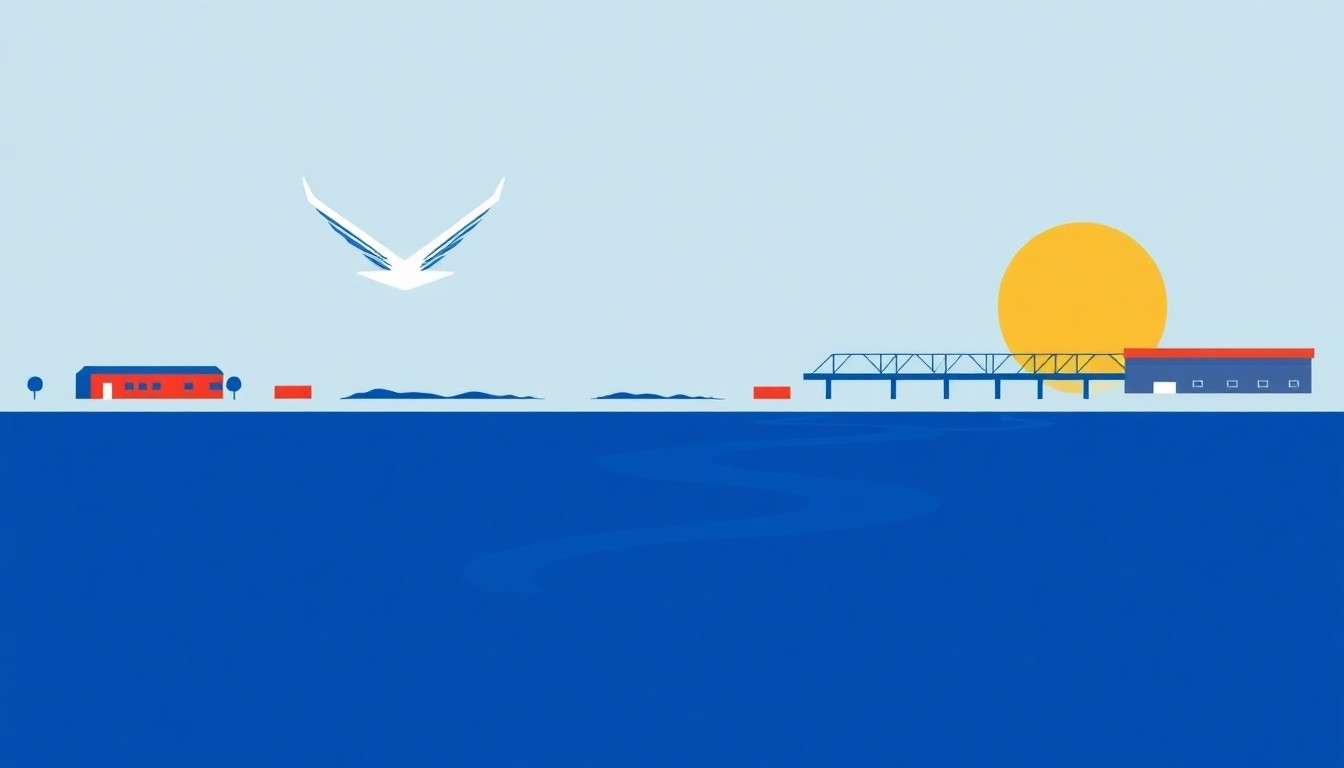 A vibrant abstract illustration composed of overlapping triangles and circles in shades of blue, red, and yellow, conceptually representing the economic and infrastructure themes of Minot's State of the City address.