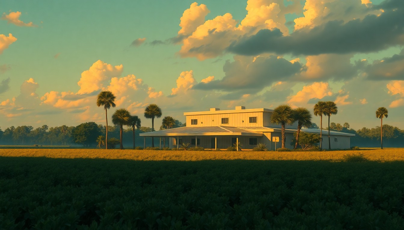 A photorealistic painting of a lone, two-story concrete building surrounded by tall grasses and palm trees, with the sun casting long shadows across the scene, conveying a sense of isolation and environmental tension.