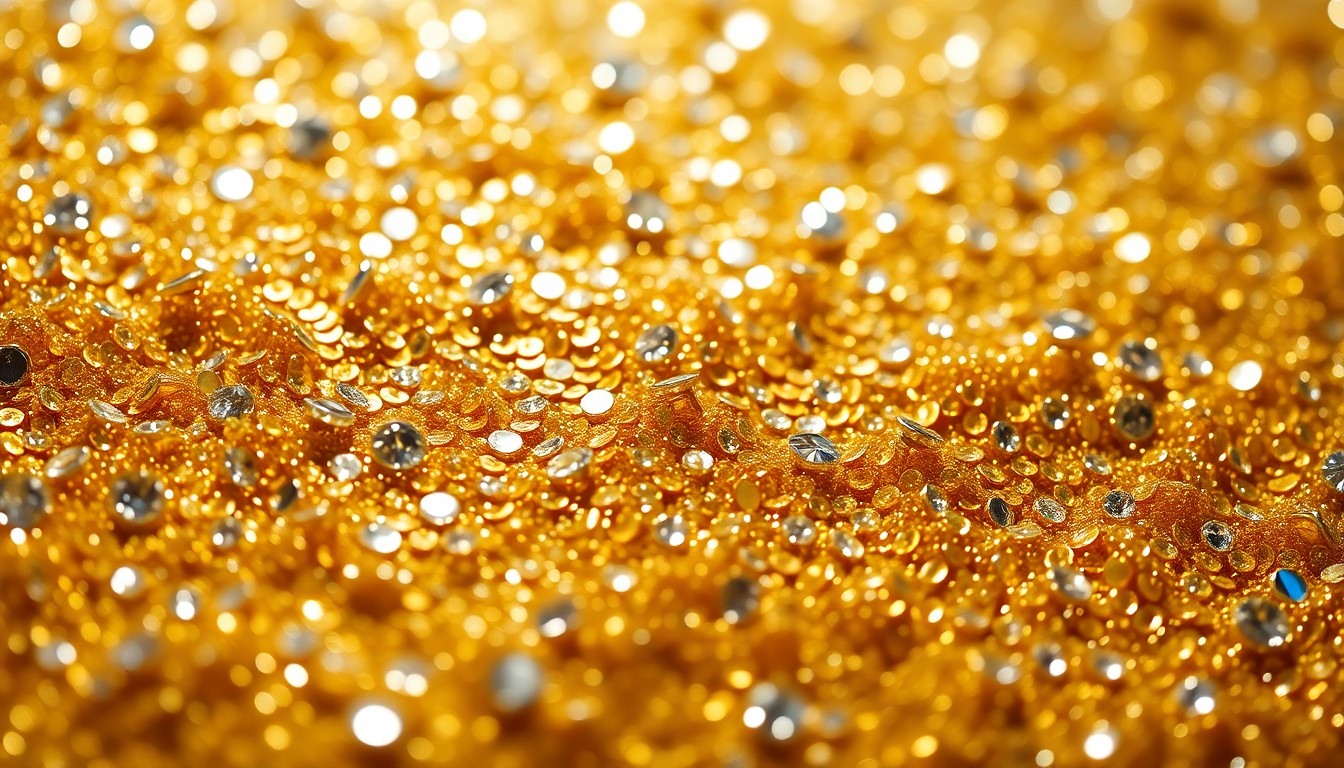 An extreme macro photograph of shimmering gold sequins and sparkling rhinestones, capturing the luxurious, high-fashion aesthetic of a country music awards show.