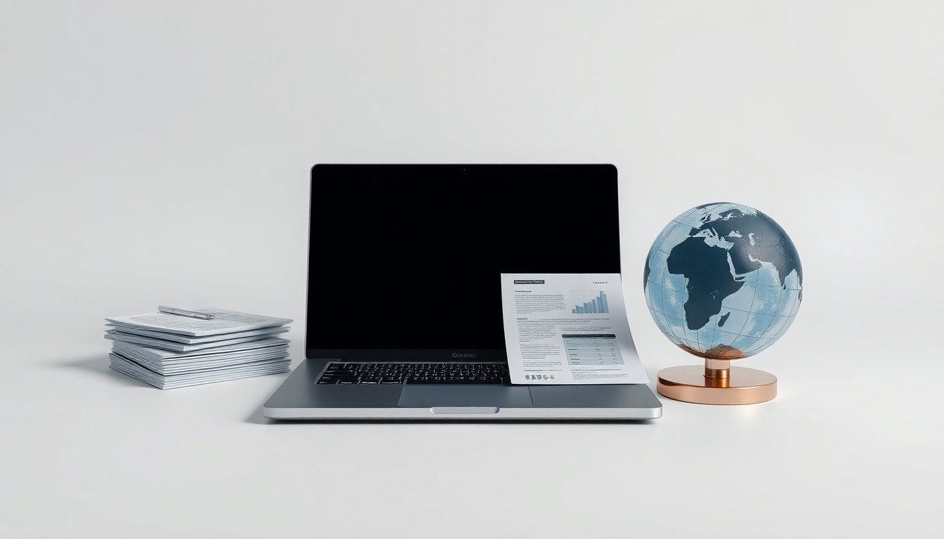 A high-end, photorealistic studio still-life photograph featuring a sleek, modern laptop computer, a stack of cybersecurity reports, and a stylized data visualization globe, conceptually representing Bitsight's focus on data-driven cybersecurity solutions.