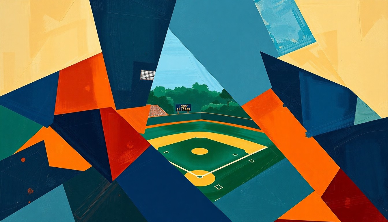 A fragmented, geometric painting depicting a college baseball game, with sharp planes of navy, green, and orange overlapping to create a dynamic, abstract composition.