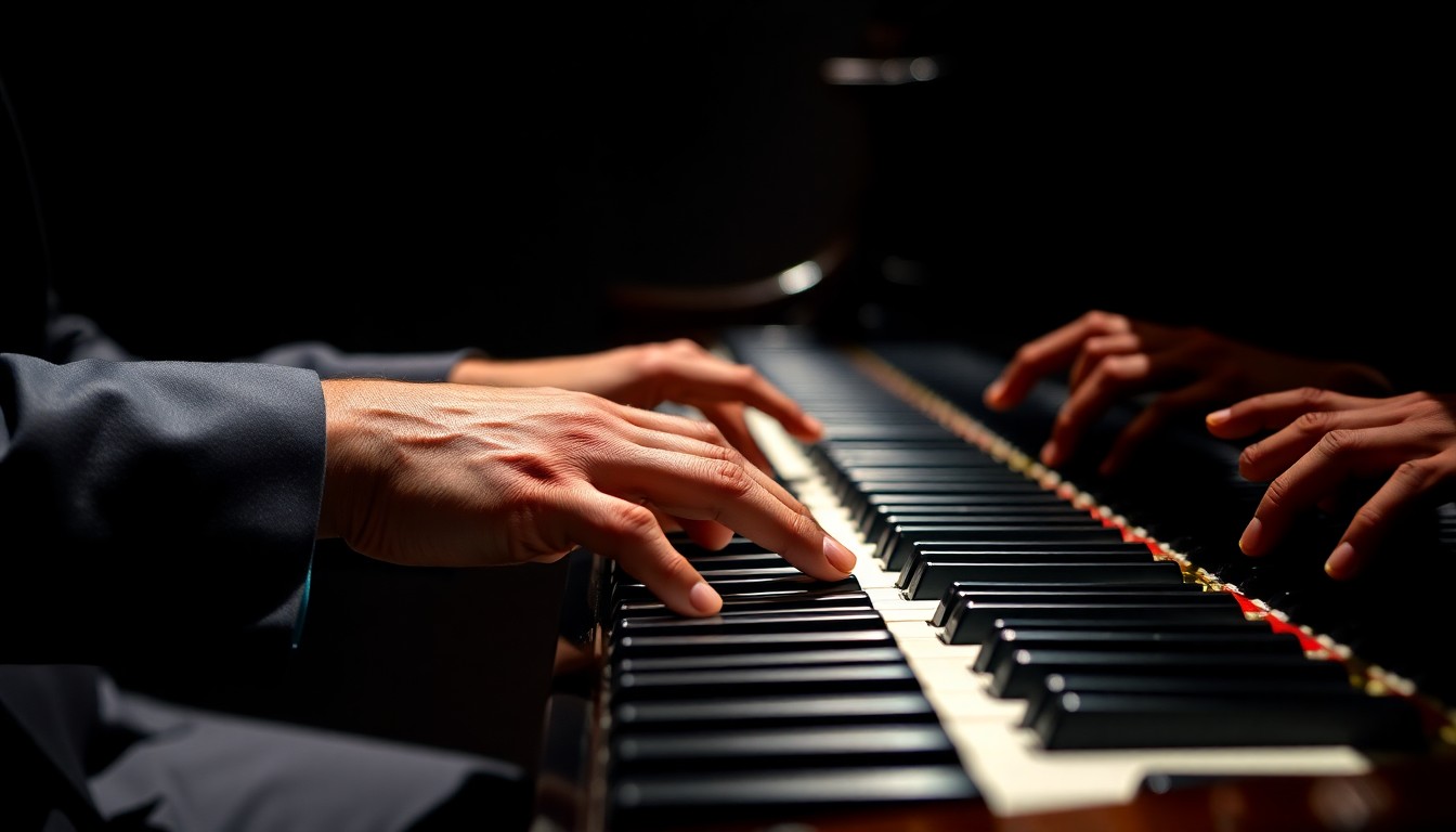 An extreme close-up photograph of a grand piano's keys and ivories, rendered in dramatic, high-contrast studio lighting to capture the luxurious, tactile texture of the instrument.