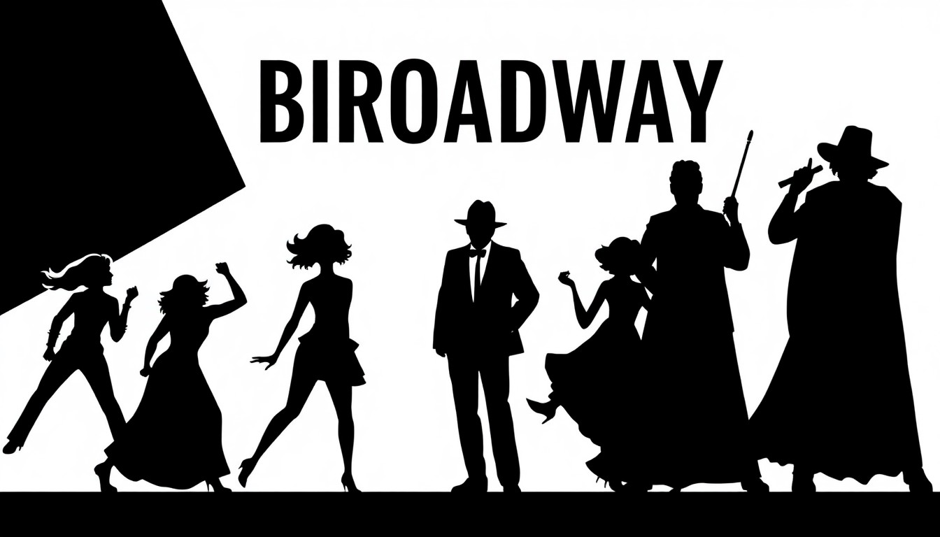 A minimalist, abstract illustration featuring bold, geometric black silhouettes against a stark white background, conceptually representing the energy and excitement of a Broadway musical production.