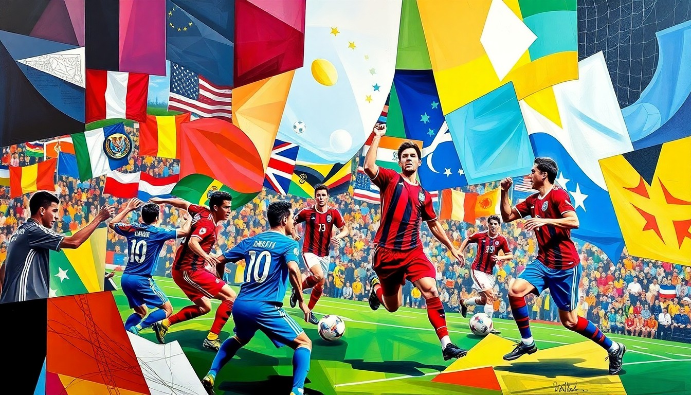 A cubist, geometric painting depicting the dynamic motion and energy of a FIFA World Cup match, with fragmented planes of color representing the official team uniforms and national flags.