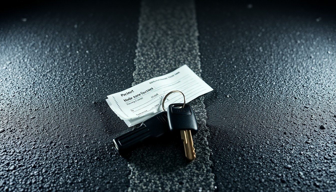 An extreme close-up photograph of a car key and a crumpled parking ticket on a dark asphalt surface, lit by a harsh, direct camera flash, conceptually representing the details of a neighborhood dispute and drunk driving incident.