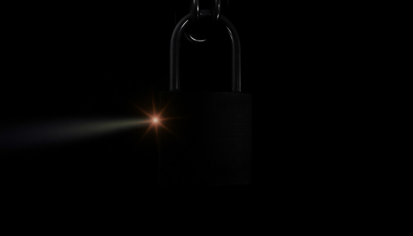 An extreme close-up photograph of a metal padlock on a school locker, lit by a harsh, direct camera flash against a pitch-black background, creating a stark, gritty, investigative aesthetic.