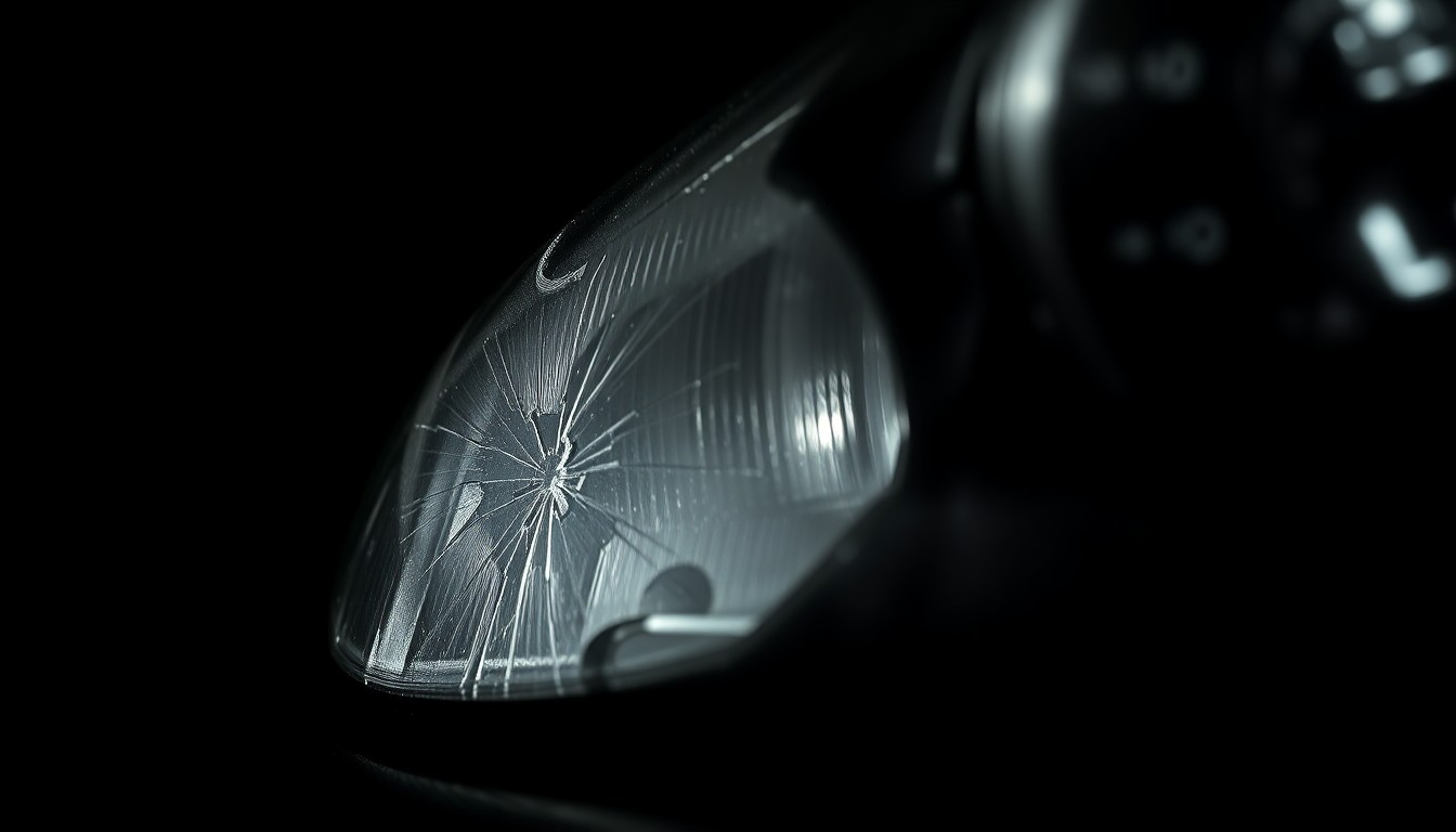 An extreme close-up photograph of a damaged car part such as a broken side mirror or cracked headlight lens, lit by a harsh, direct camera flash against a pitch-black background, conceptually illustrating the gritty aftermath of a rural highway accident.