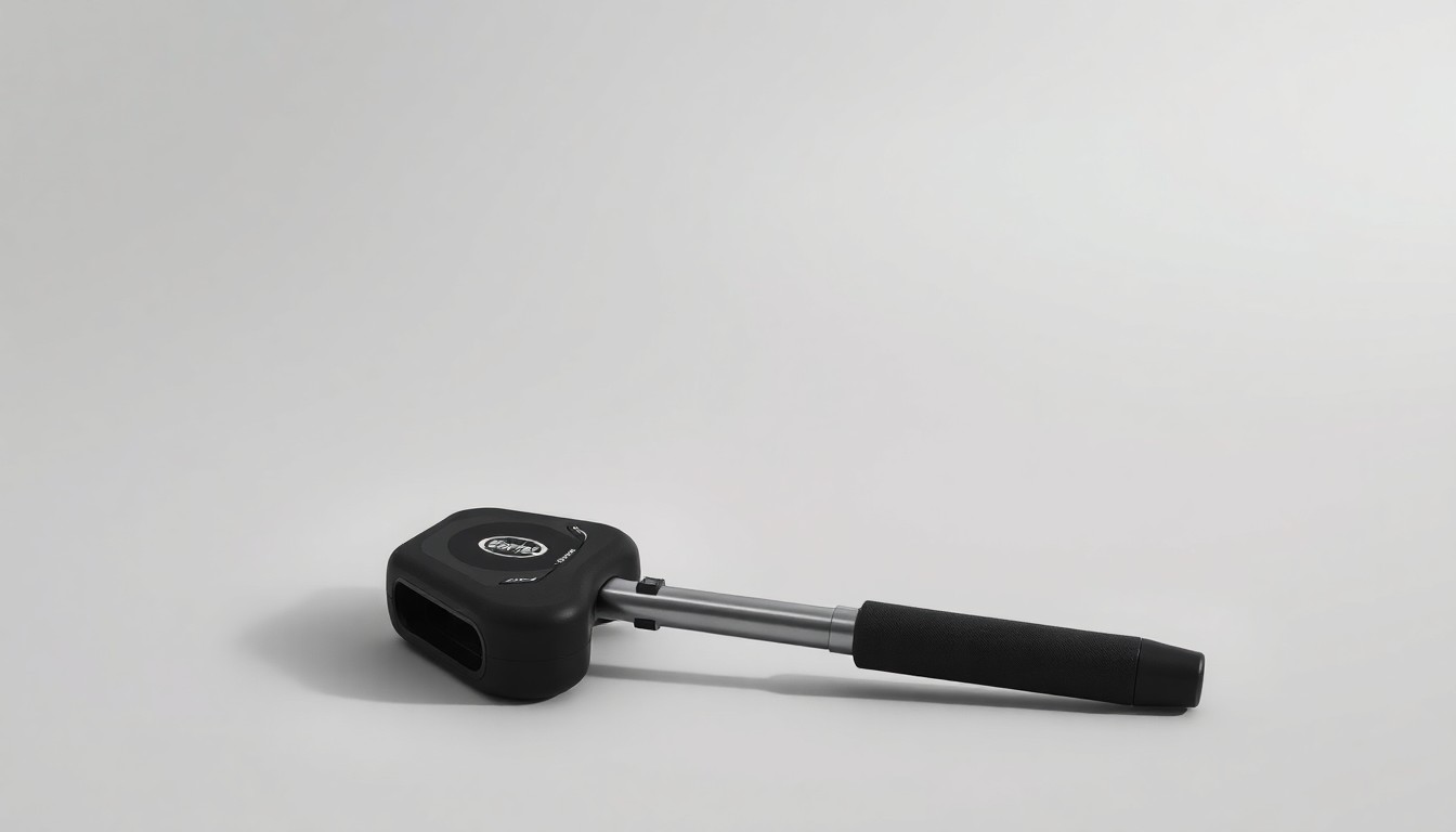 A photorealistic studio still-life image of a sleek, modern handheld metal detector device made of polished metal and matte black plastic, resting on a clean, monochromatic background and dramatically lit to highlight its precision and reliability.