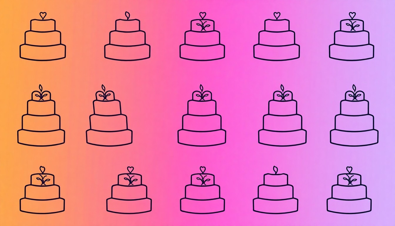 A bold, colorful silkscreen print featuring a repeated icon of a wedding cake in a grid pattern, conceptually representing the joyful yet complicated world of wedding planning.