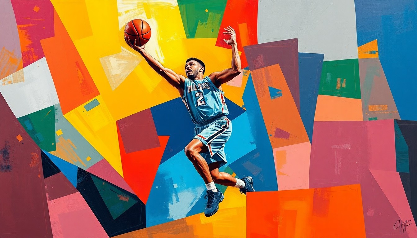 A fragmented, cubist-style painting depicting the abstract motion of a basketball player, using the team's official colors to represent the dynamic nature of roster changes in college sports.