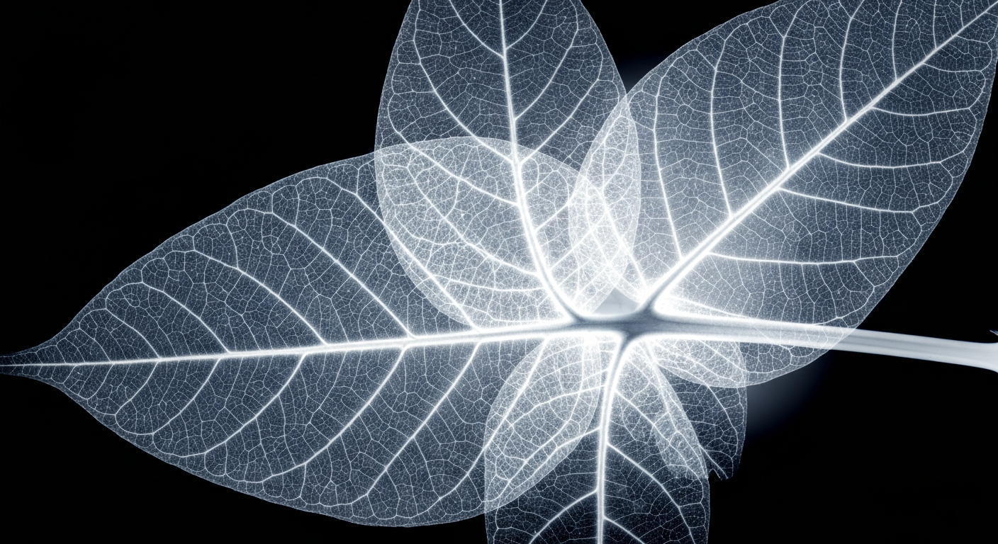 A translucent X-ray photograph revealing the intricate internal structure of kratom leaves, conceptually representing the ongoing scientific and medical discussion around this controversial substance.