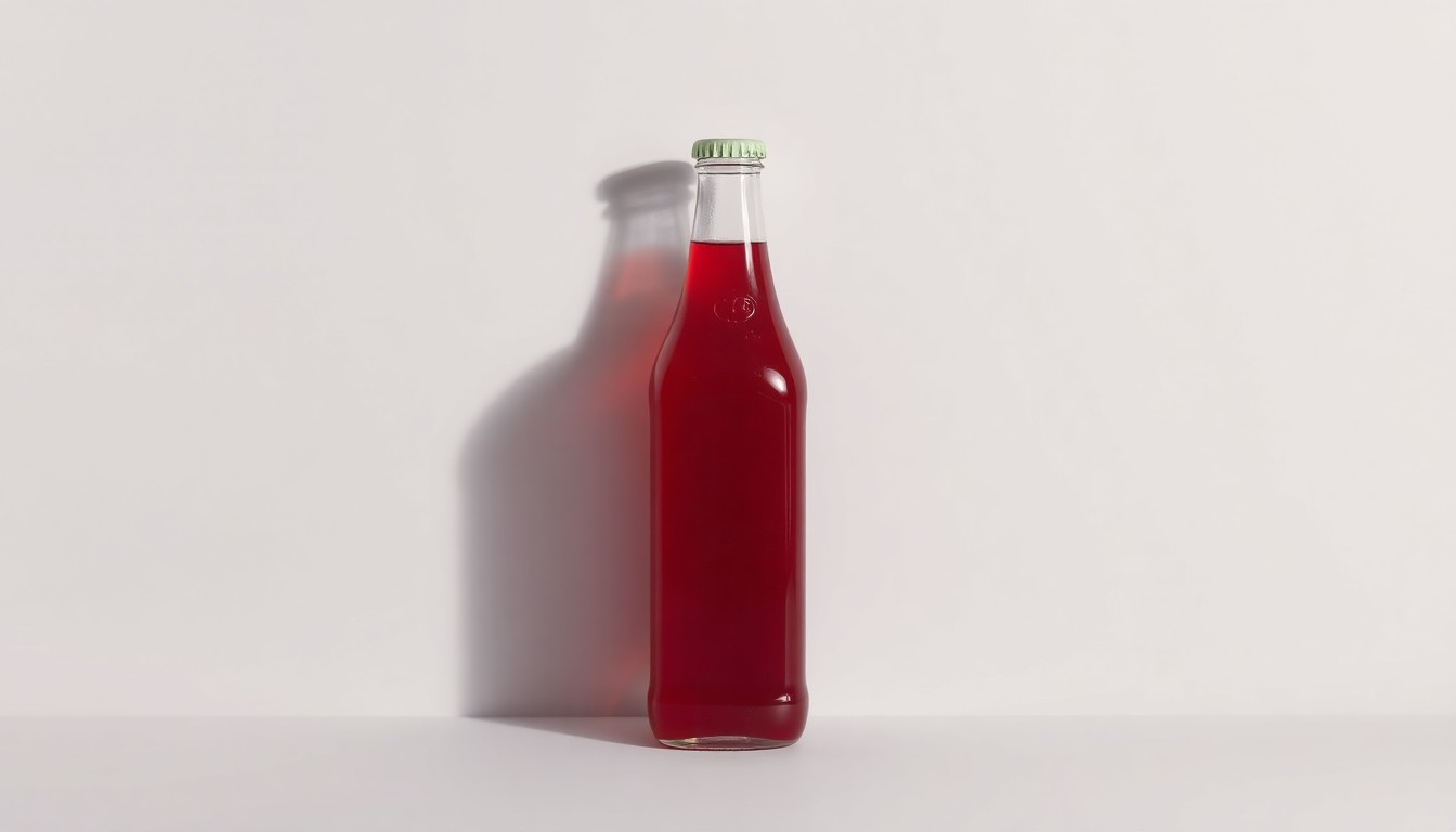 A highly detailed, photorealistic studio photograph of a single glass bottle of deep red pomegranate juice, lit dramatically to create sharp shadows and a sense of corporate strategy and financial risk.