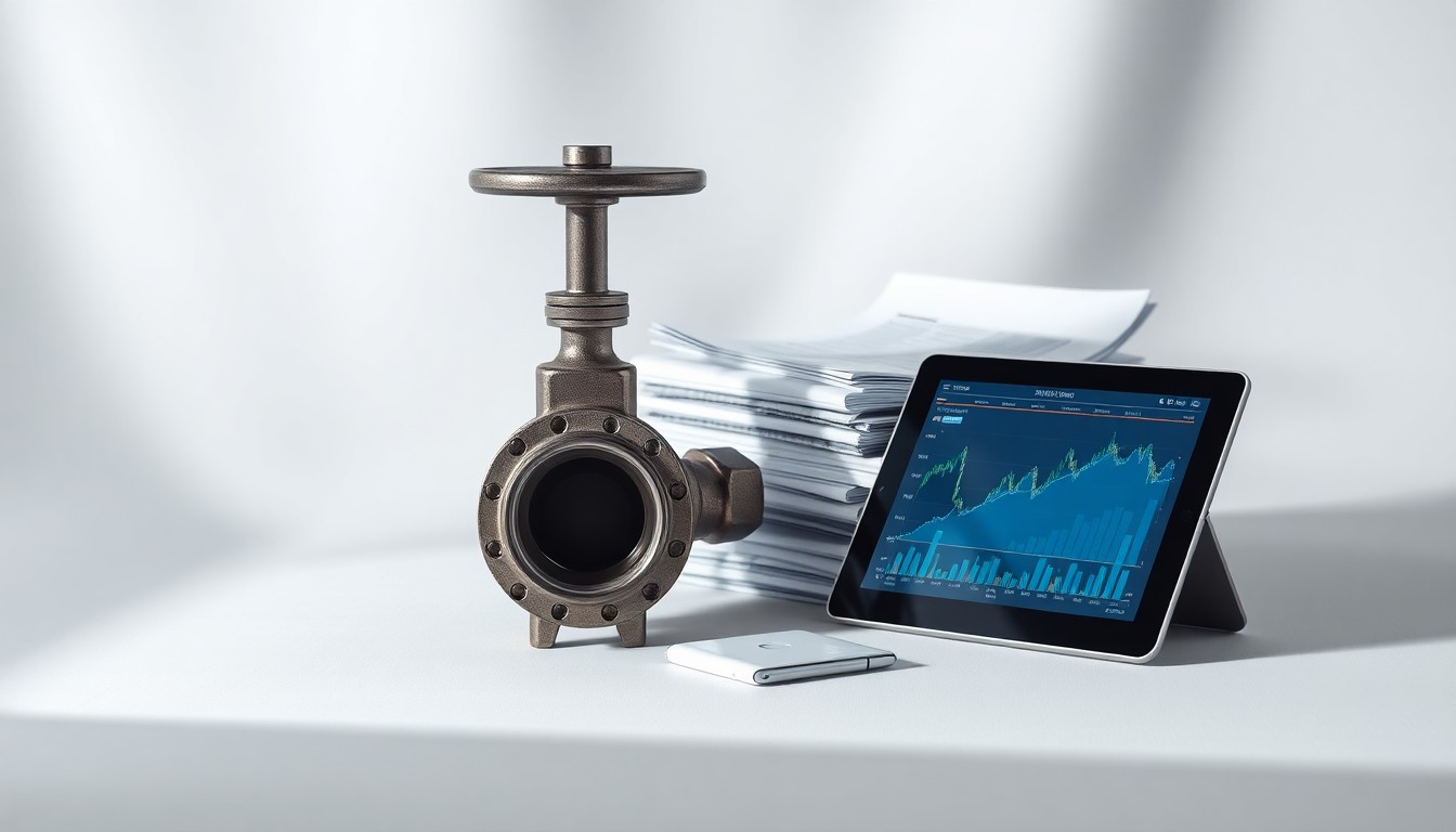 A photorealistic studio still life featuring a polished metal natural gas pipeline valve, financial reports, and a digital tablet displaying stock charts, arranged elegantly on a clean background to symbolize the corporate strategy and financial performance of the energy sector.