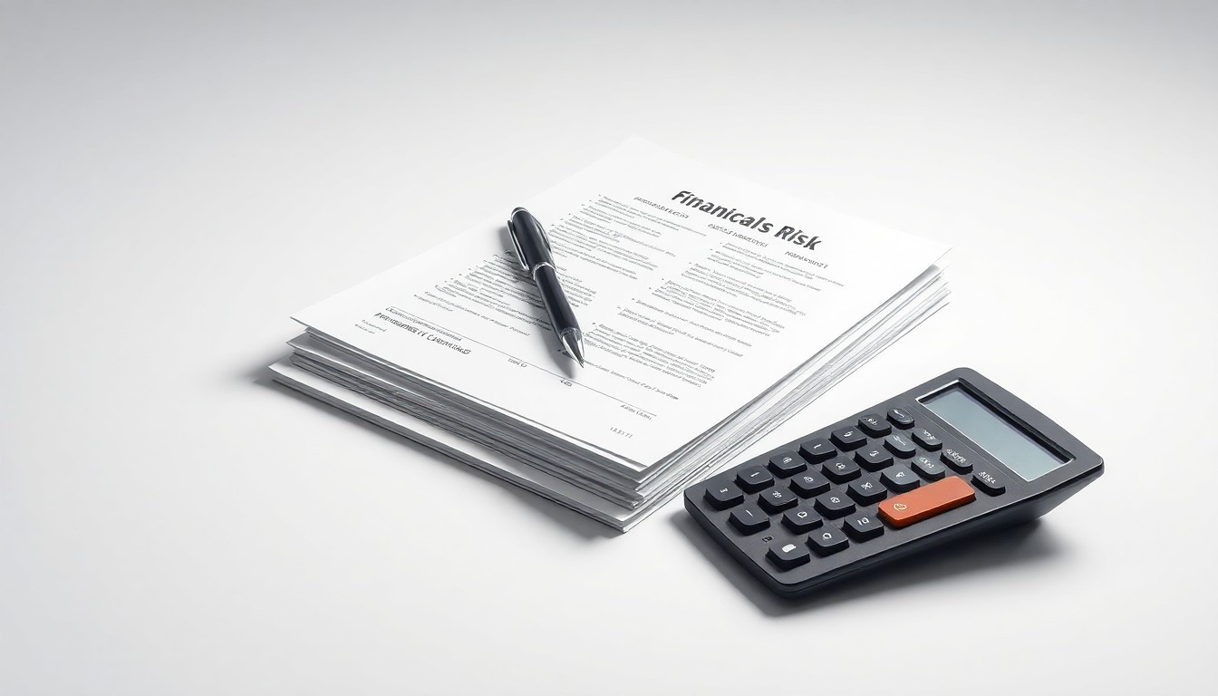 A high-end, photorealistic studio still-life photograph featuring a stack of financial documents, a pen, and a calculator on a clean, monochromatic background, conceptually representing the abstract concepts of corporate strategy, finance, and risk management.