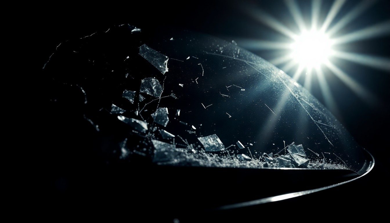 An extreme close-up photograph of a shattered car windshield or other physical evidence from the hit-and-run crash, lit by a harsh, direct camera flash against a pitch-black background, conceptually illustrating the stark, gritty investigation into this deadly incident.