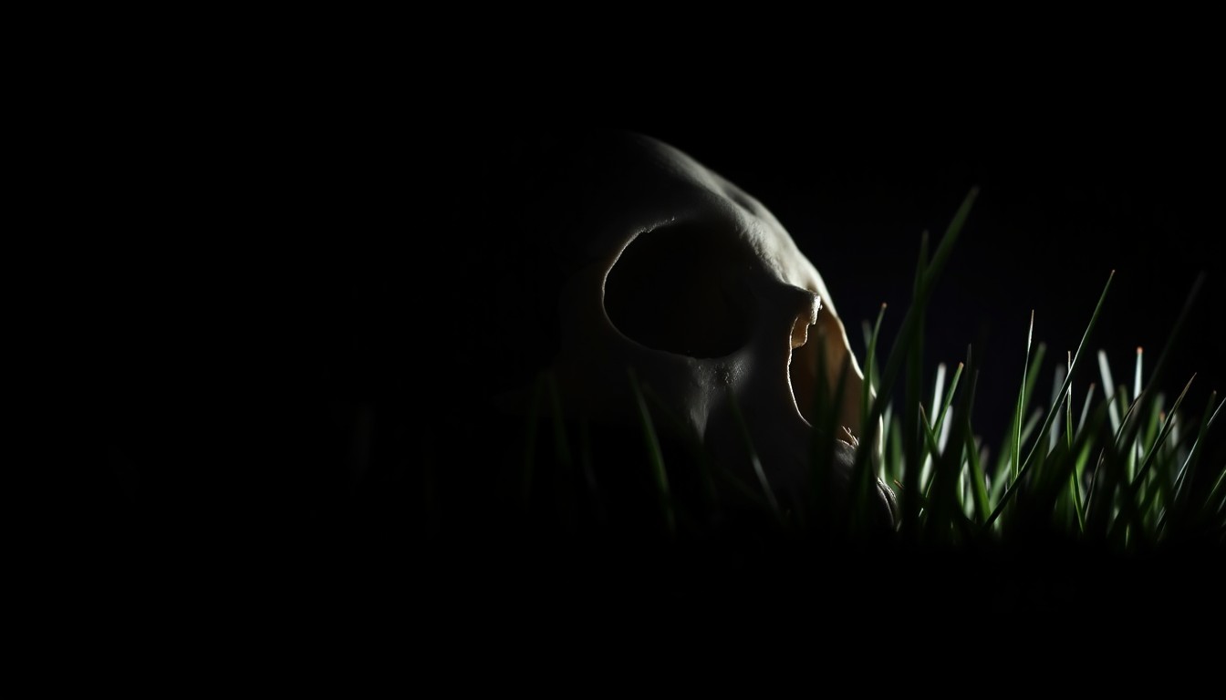 An extreme close-up photograph of a human skull fragment partially obscured by blades of grass, creating a stark, gritty, investigative aesthetic.