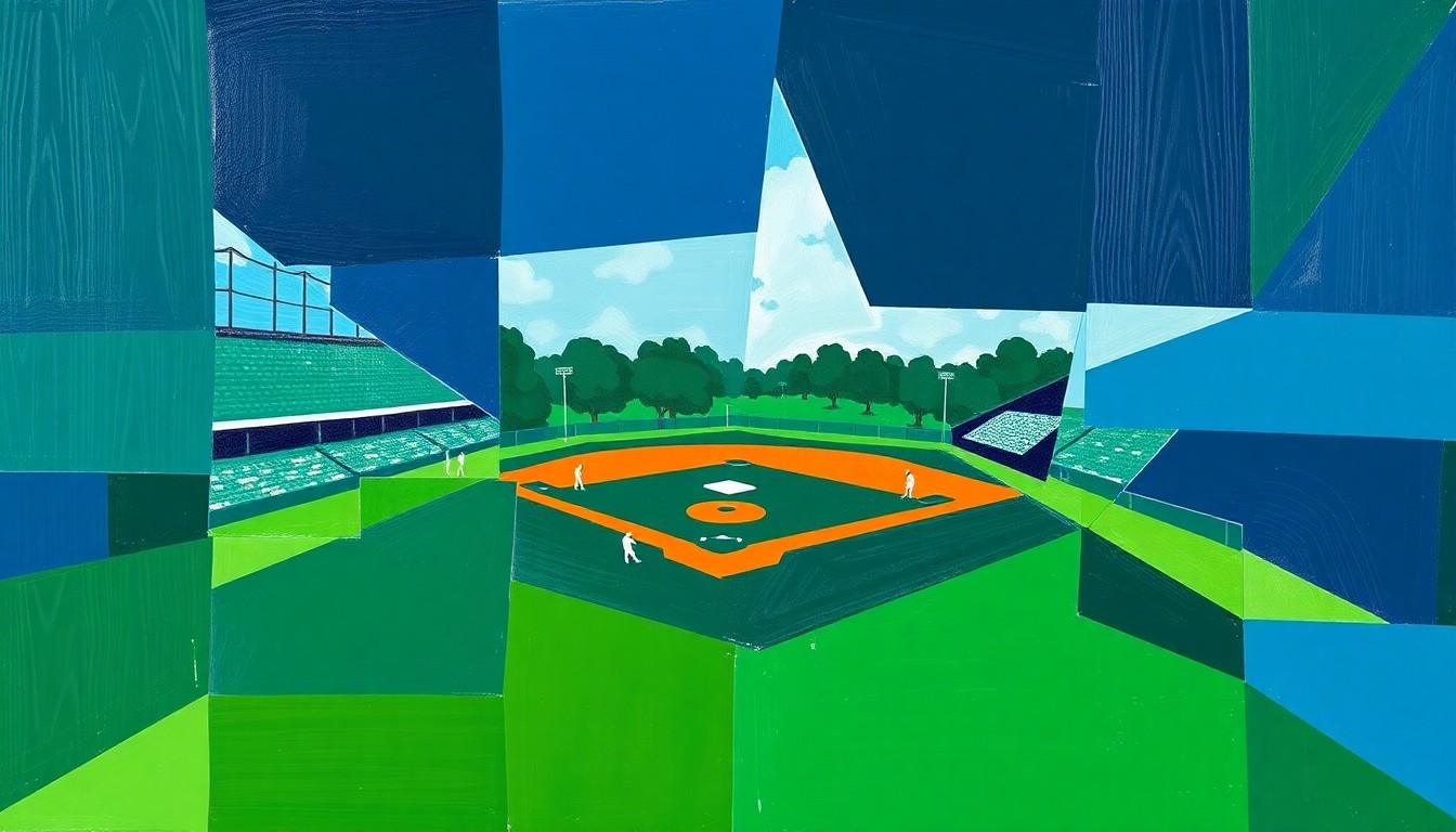 A cubist, geometric painting depicting a high school baseball game, with players and the field broken down into sharp, overlapping planes of navy, green, and white, capturing the dynamic energy of the sport.