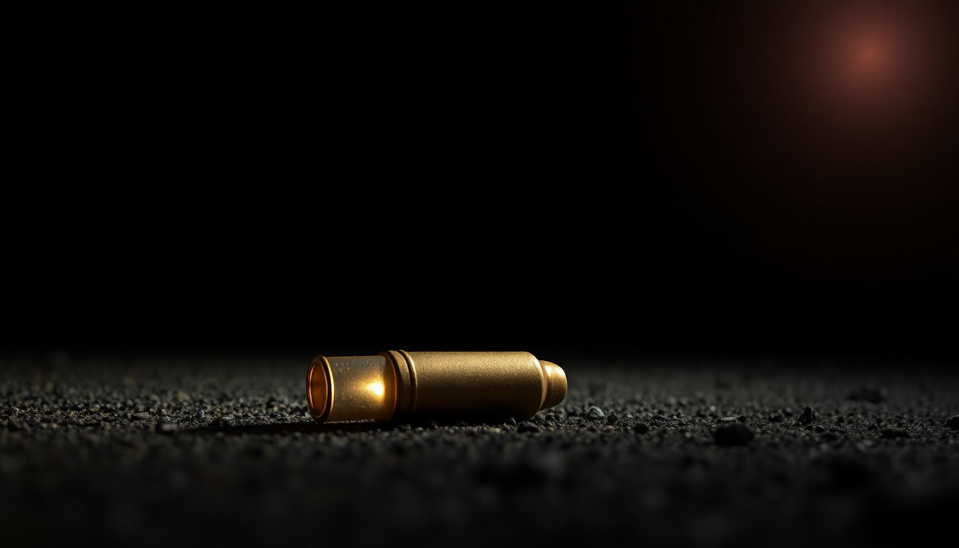 An extreme close-up of a metallic bullet casing on a dark surface, conveying the gritty, investigative nature of the crime scene.