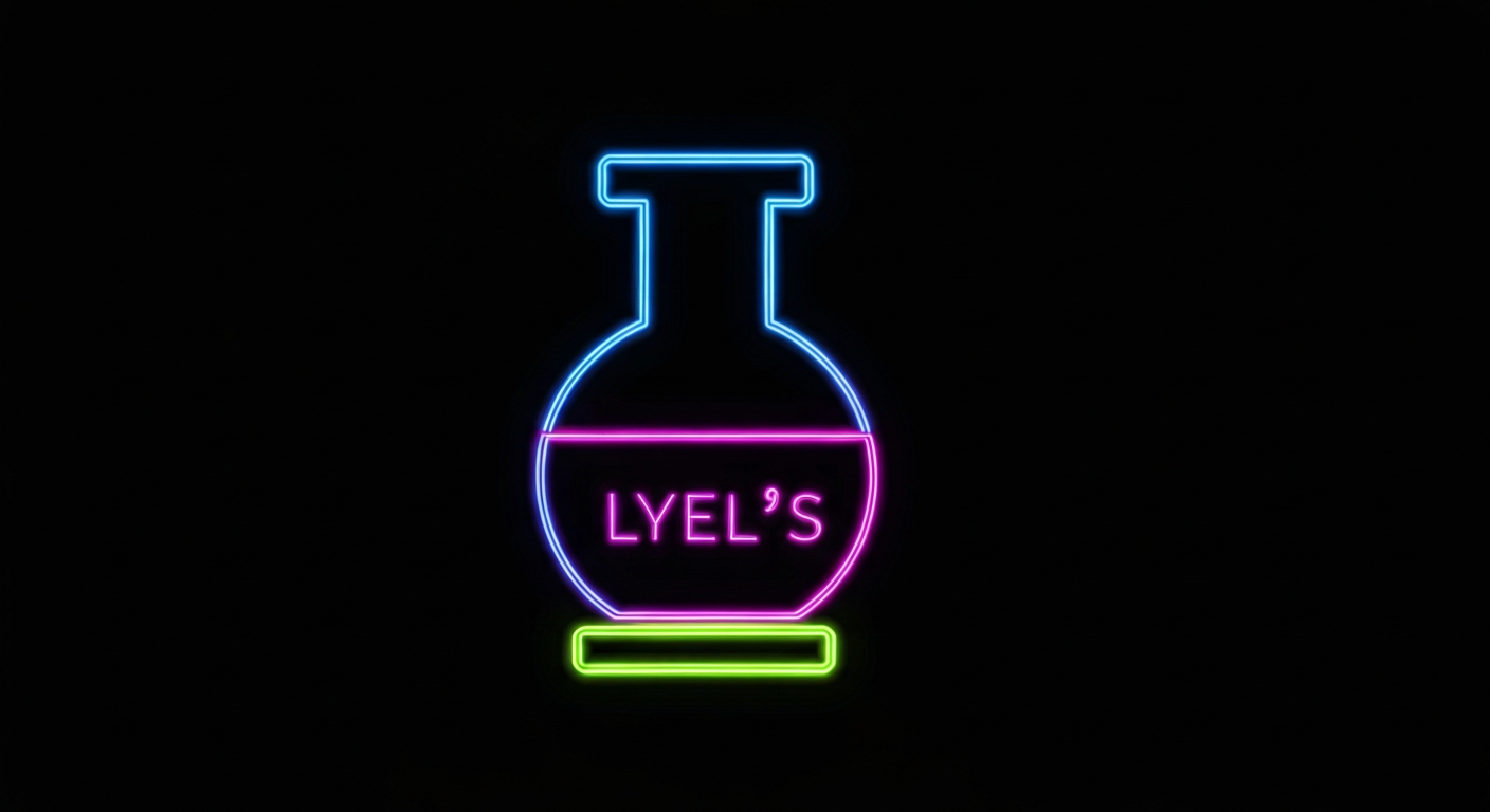 A glowing neon outline of a stylized medical beaker or syringe, representing the cutting-edge biotechnology of Lyell's cancer therapies, against a dark background.