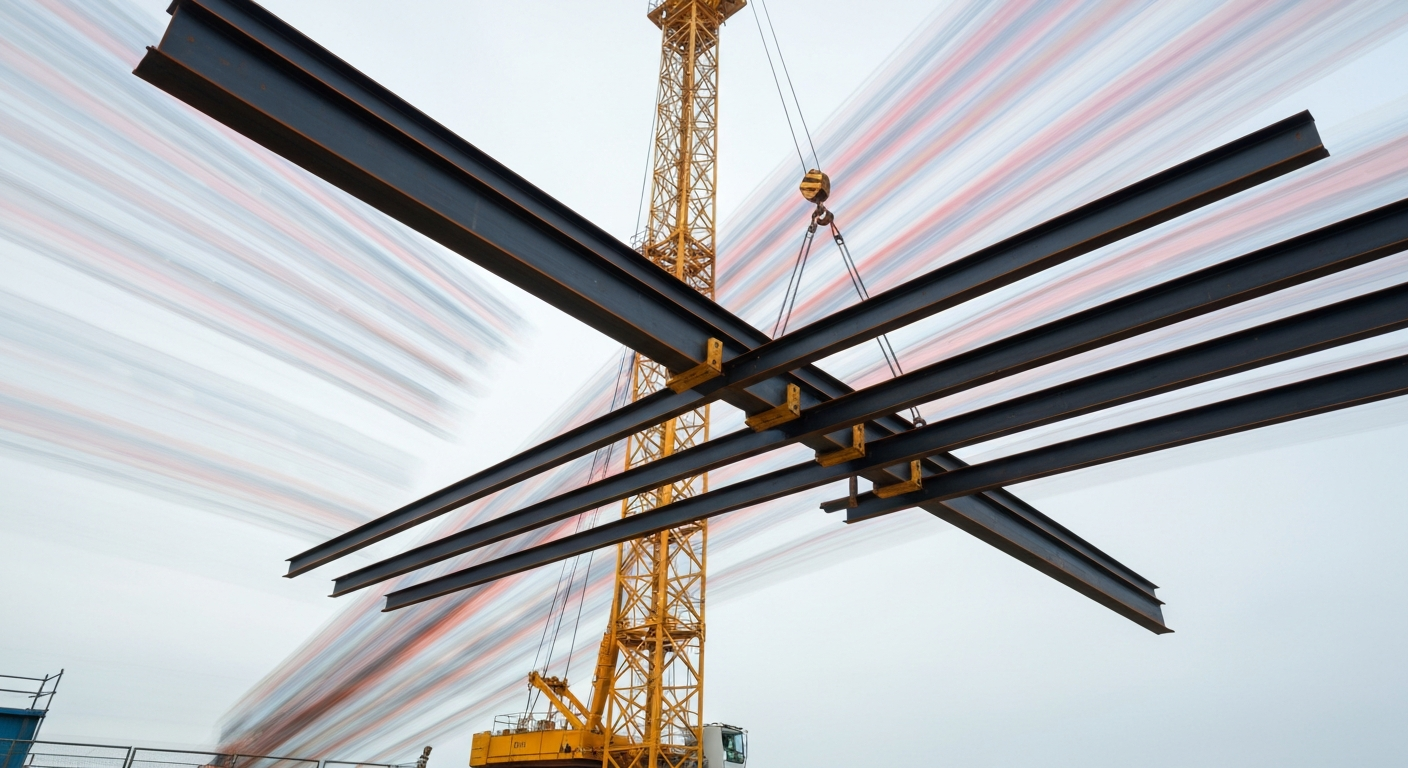 An abstract, colorful image created with sweeping motion blur, depicting the movement and energy of a construction crane lifting large steel girders into place for a new bridge.